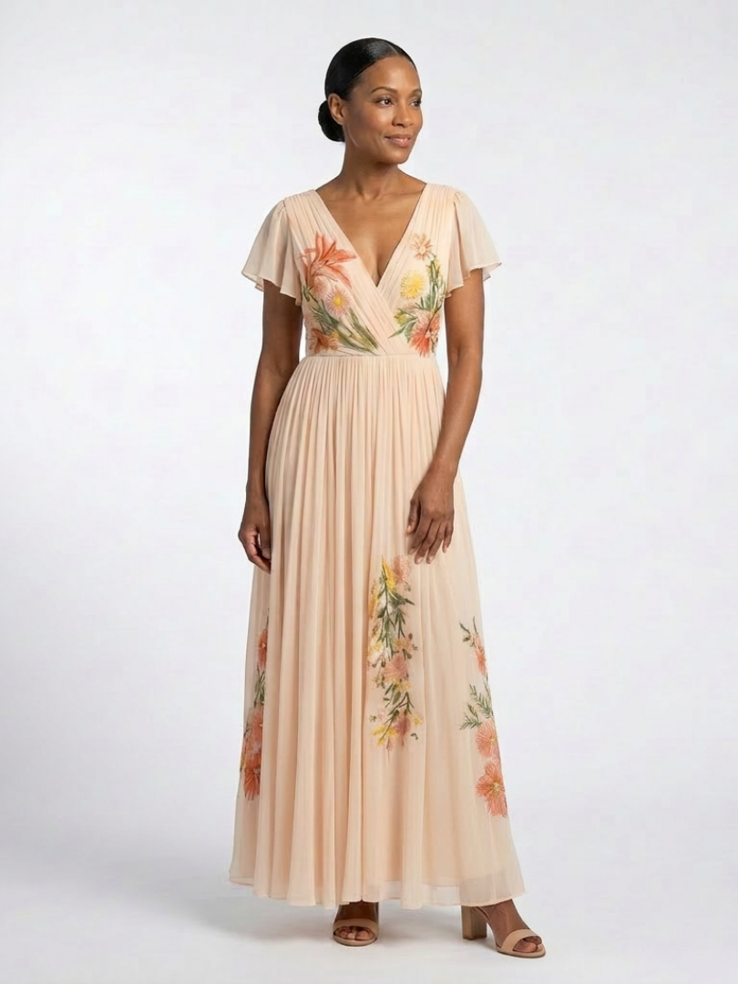 Calista | Vestido Maxi Floral Plisado con Escote en V y Manga Corta