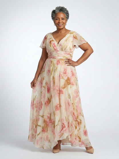 Elara | Vestido Maxi Floral con Escote en V y Manga Corta