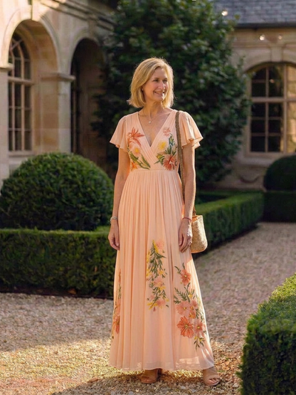 Calista | Vestido Maxi Floral Plisado con Escote en V y Manga Corta