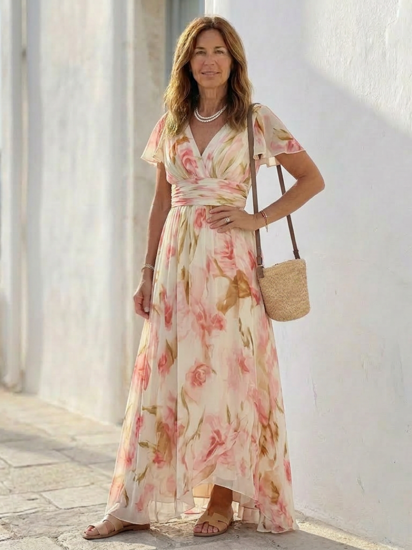 Elara | Vestido Maxi Floral con Escote en V y Manga Corta