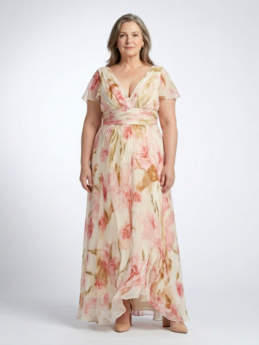 Elara | Vestido Maxi Floral con Escote en V y Manga Corta