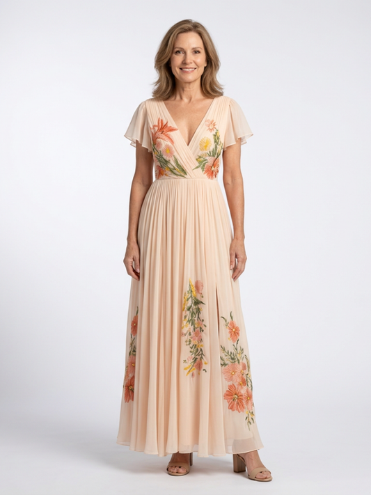 Calista | Vestido Maxi Floral Plisado con Escote en V y Manga Corta