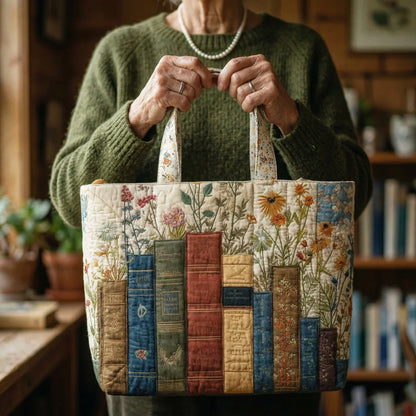 Bolso artesanal acolchado - Libros y flores