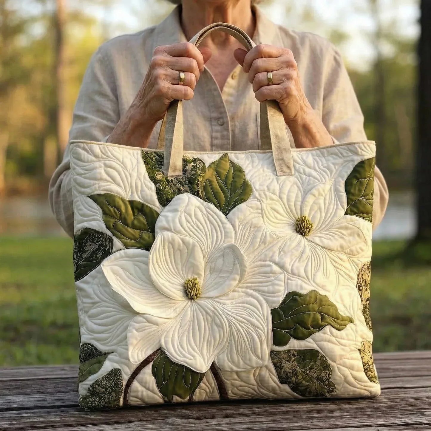 Bolso artesanal acolchado - Elegantes lirios blancos