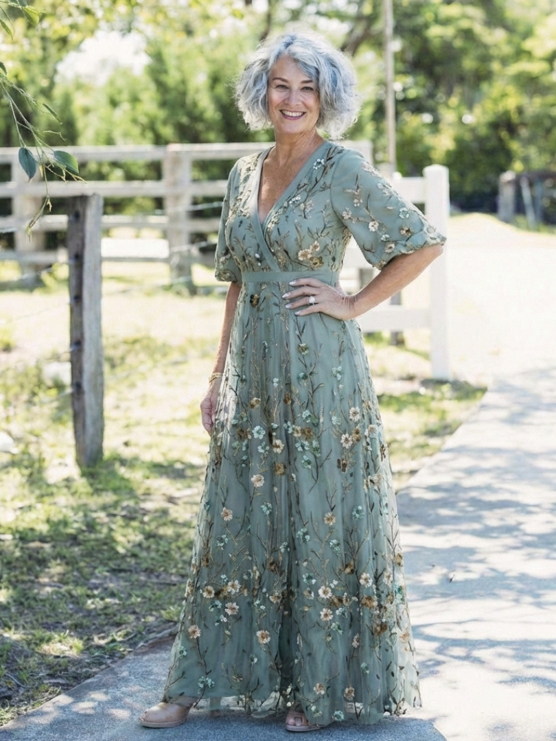 Evadne | Vestido Maxi Floral con Escote en V y Manga Corta
