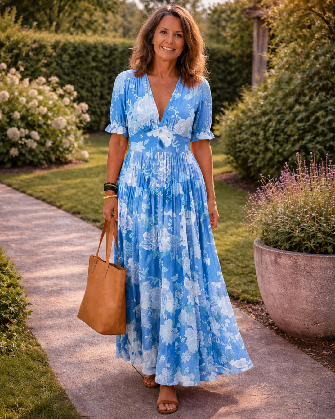 Ione | Vestido Midi Floral con Escote en V y Manga Corta