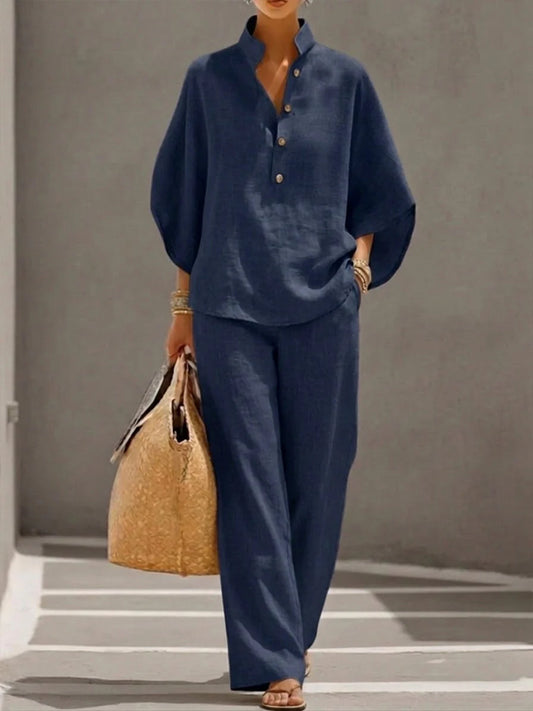 María | Conjunto de lino con mangas murciélago y pantalones anchos