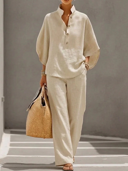 María | Conjunto de lino con mangas murciélago y pantalones anchos
