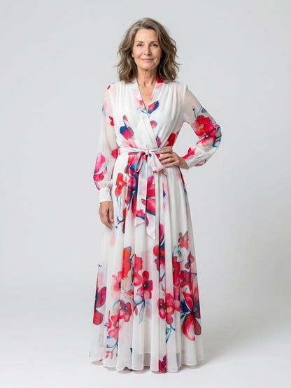 Lillian | Vestido Maxi Cruzado Floral de Manga Larga