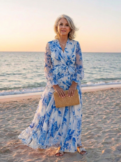 Lillian | Vestido Maxi Cruzado Floral de Manga Larga